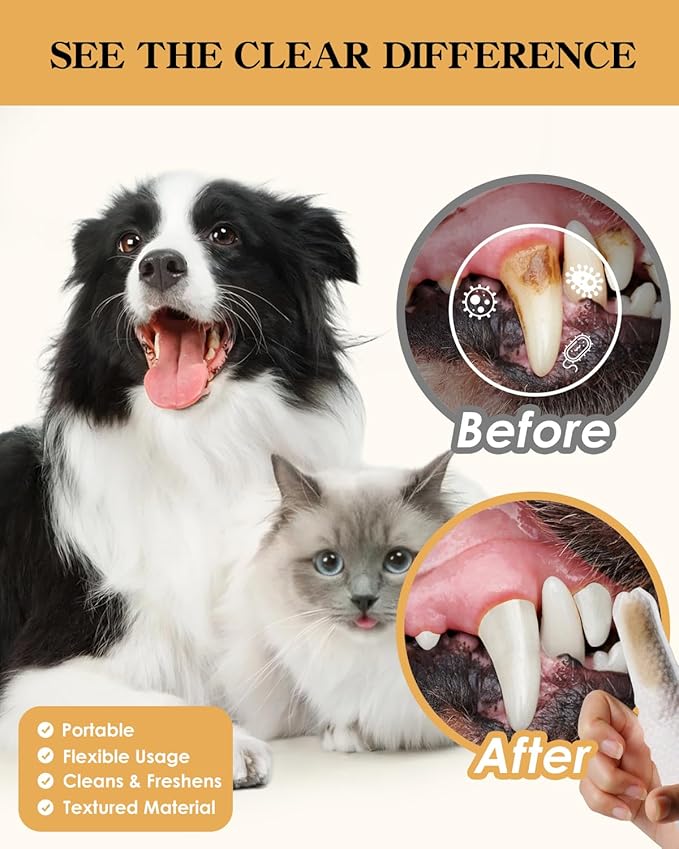 Dog & Cat Teeth Cleaning Wipes – Gentle Dog & Cat Dental Finger Wipes & Toothbrush Kit, Soft Cotton Oral Care Pads for Fresh Breath & Healthy Teeth, 50PCS Unscented Toothbrush Wipes