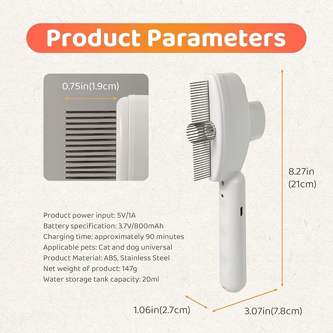 Cat Comb with Steam, Cat Steam Brush Pet Hair Removal Tool Flea Comb, Stainless Steel Metal Teeth for Shedding and Tangles, One Button Self-Cleaning Pet Comb for Dogs and Cats