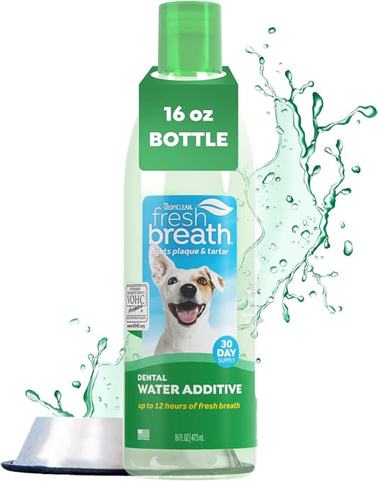 TropiClean Fresh Breath Water Additive for Dogs, Dog Breath Freshener and Teeth Cleaning Solution, No Toothpaste or Toothbrush Required, 16oz.