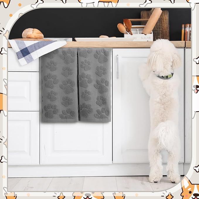 2 Pcs 3D Dog Paw Hand Towels for Bathroom, Cute Gray Dog Paw Jacquard Weave 100% Cotton Absorbent Decorative Towels for Bathroom Kitchen Decor Gift, 13.7 x 29.5 Inch