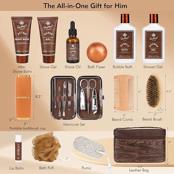 Bath Gift Set & Beard Kit with Leather Bag, 21pcs Sandalwood Bergamot Home Spa Kit, Relaxing Men's Body Wash Gift Basket & More for Christmas, Birthday, Father's Day Gift, Dad, Boyfirend, Husband