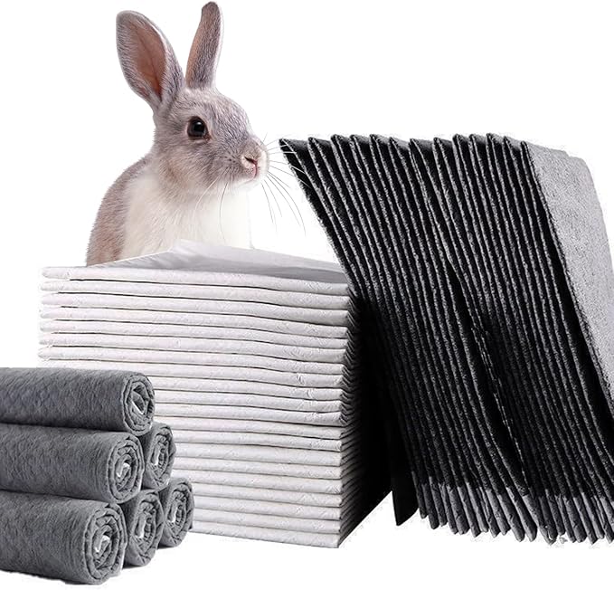 PINVNBY Rabbit Pee Pads,100 Pieces Disposable Cage Liners Black Carbon Super Absorbent Odor-Control,Bunny Potty Training Pad with Quick-Dry Surface for Cat Puppy Kitten Hamsters Chinchillas
