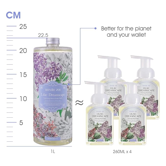 ROMIIE ZOI Lilac Foaming Hand Soap Refill Gift Set – 3 Pack (33.8 Fl Oz Each) with Refillable Dispenser, Soft Floral Scent, Moisturizing, Biodegradable & Chemical-Free Formula for Bathroom, Kitchen