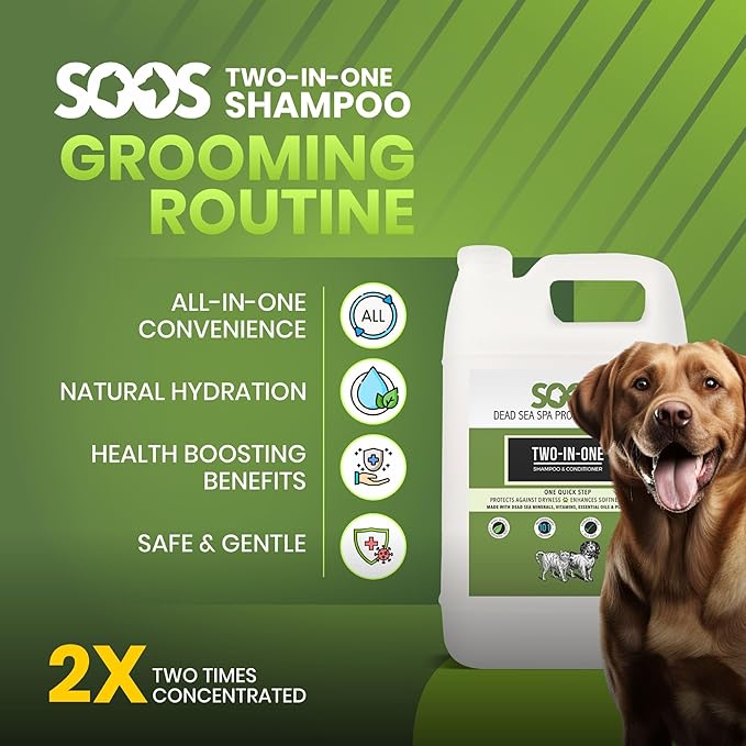Soos Pets Two-in-One Shampoo Plus Conditioner for Dogs & Cats | 2-in-1 Natural Dead Sea Minerals | Cleansing & Moisturizing Formula | Gentle on Skin, Promotes Soft Shiny Coat - 4L