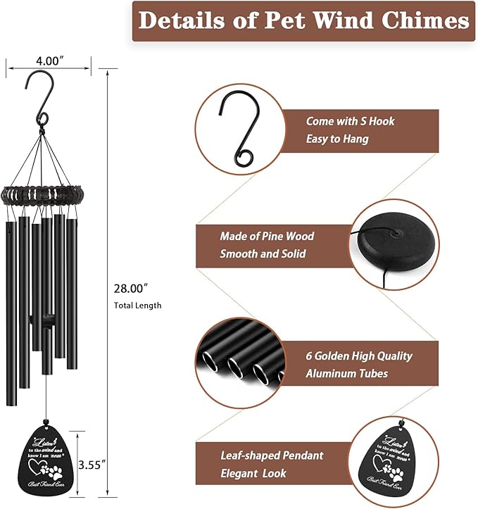 28" Pet Sympathy Wind Chimes, Dog Memorial Gifts for Loss of Dog, Loss of Pet Passing Away Bereavement Remembrance Gift