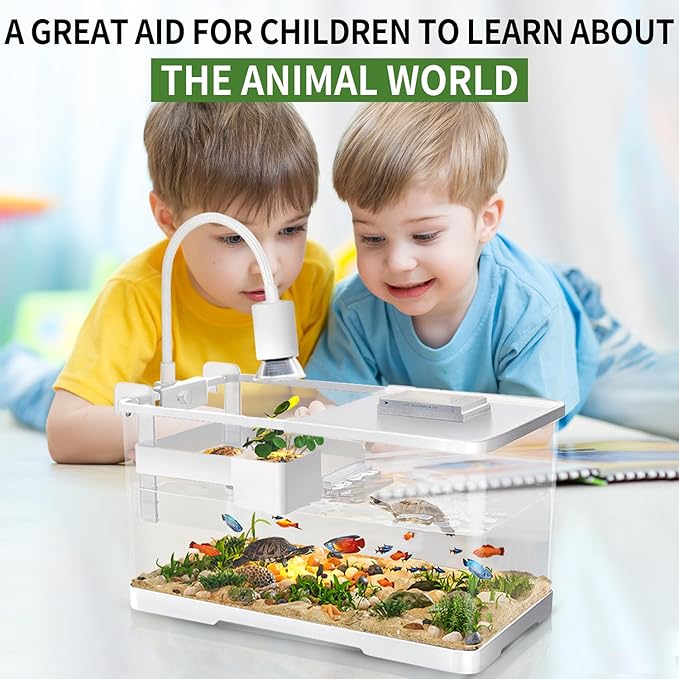 (Tank + Light + Filter + Filter Balls) Turtle Tank Kit, Turtle Tank Starter Kit,Bottom Drainage, Multi-Function Areas for Turtles, Crabs,Fishes, Amphibians,Reptiles. (21.65 × 12.28 × 12.28 Inch)