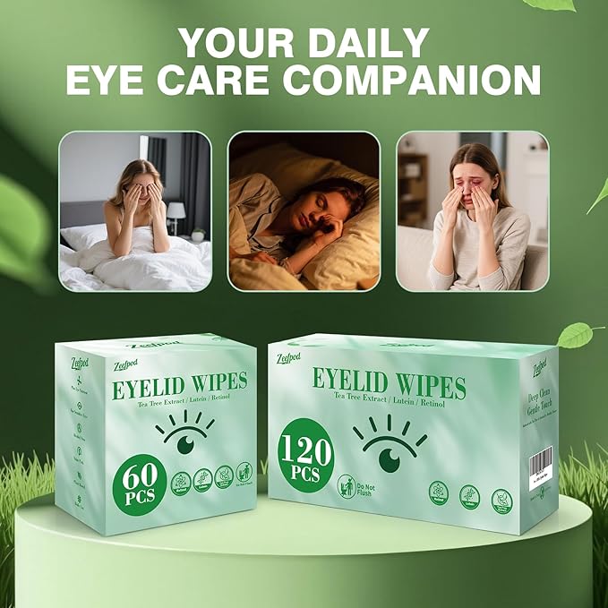 120PCS Tea Tree Oil Eyelid Wipes – Individually Wrapped Eye Lid Cleaning Wipes，Soothing For Sensitive Eyes, Stay Hydrated Lid Wipe