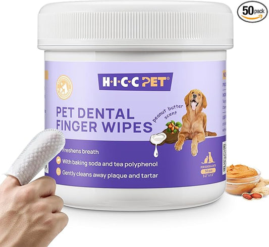 HICC Pet Teeth Cleaning Wipes for Dogs & Cats, Remove Bad Breath by Removing Plaque and Tartar Buildup No-Rinse Dog Finger Toothbrush, Disposable Gentle Cleaning & Gum Care Pet Wipes, 50 Counts