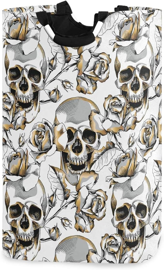 visesunny Gold Skull And Rose Floral Large Laundry Hamper with Handle Foldable Durable Clothes Hamper Laundry Bag Toy Bin for Bathroom, Bedroom, Dorm, Travel