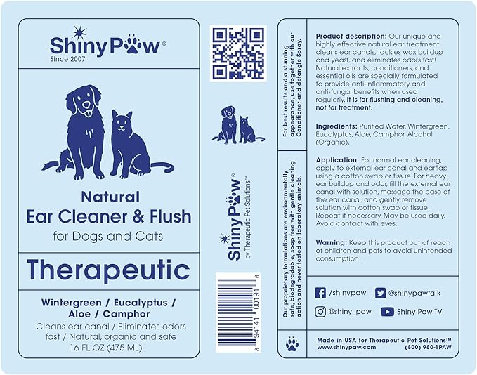 Dog Ear Cleaner Solution for Dogs & Cats 16 oz by Shiny Paw | Wintergreen, Camphor & Aloe – Gentle Ear Flush for Pets Health | Dog Ear Wash | Made in The USA