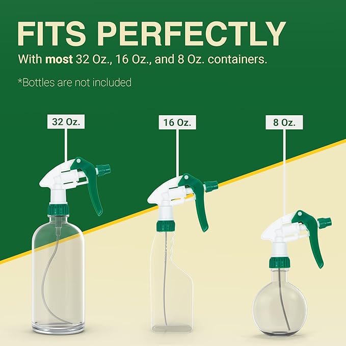 Heluva Green Spray Bottle Nozzle Replacement, Bottle Tops Only - Sprayer Nozzle Triggers for Heavy Duty, Commercial, Home Cleaning Solutions - Fits 8,16,24,32 oz Plastic & Glass Bottles, Green 24 pack