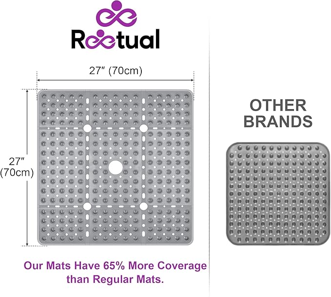 Reetual XL Shower Mat Non Slip - 27x27 Bath Mat for Shower Stall or Large Bathtub Mat with 240 Powerful Suction Cups and Drain Holes. Black Shower Mats for Bathroom (Grey Mat)