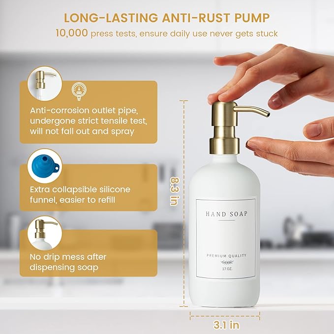 Glass Soap Dispenser for Kitchen, Farmhouse Kitchen Dish Soap Dispenser&Hand Soap Dispenser Set, Rustproof Pump Soap Lotion Dispenser Bathroom with Tray, Waterproof Label for Decor(White