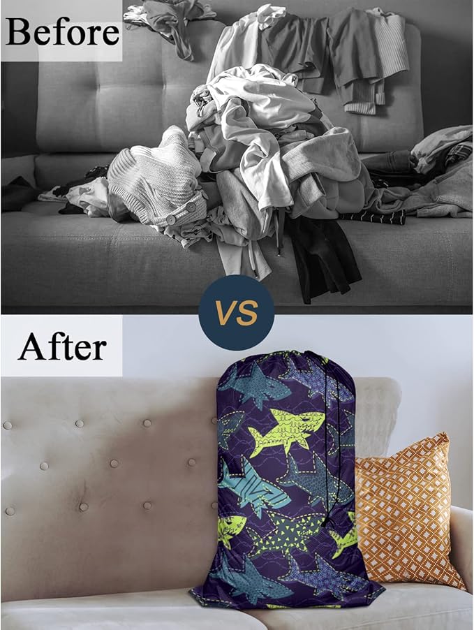 Swono Sharks Laundry Bags 28" x 40", Underwater Sea Life Pattern Versatile - Multi Use, Football Grid Oxford Cloth, Colorful