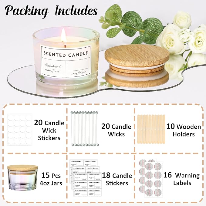 4oz Iridescent Candle Jars 15 Pack, Small Wide Mouth Glass Empty Candle Jars with Bamboo Lids for Making Candles, Bulk Candle Container with Wick Kit, Ideal for Candle Business Owners