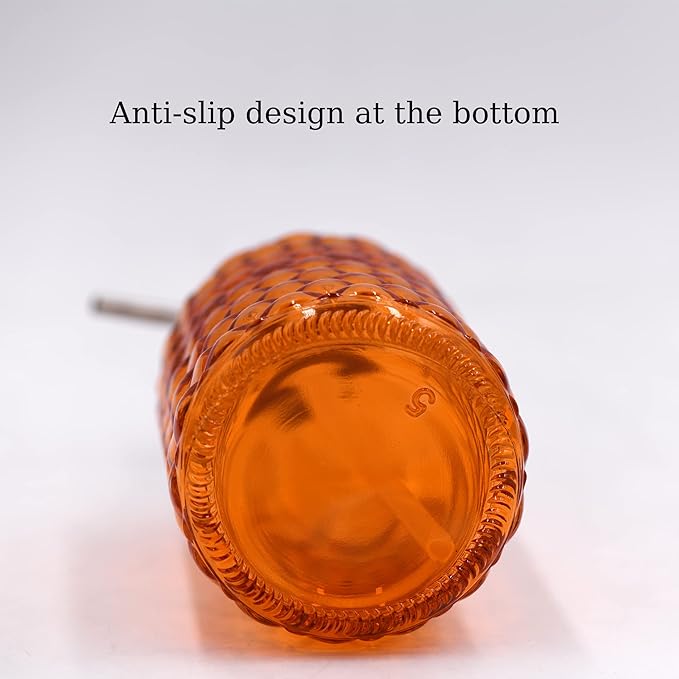 16 oz Diamond Pattern Glass Soap Dispenser, Kitchen and Bathroom Refillable Soap Dispenser with Rust Resistant Stainless Steel Pump for Hand Soap, Lotion Glass Liquid Dispenser (Orange)