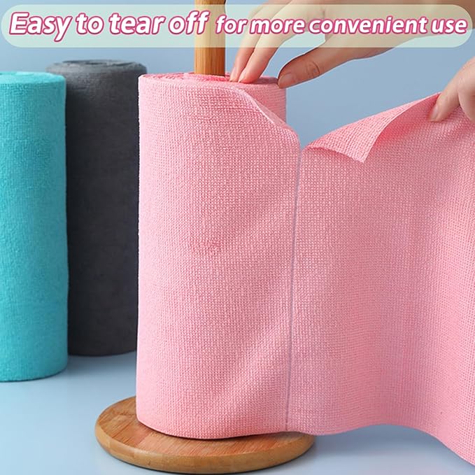 JINGYAN 50-Pack Microfiber Cleaning Cloth Roll, Pink Reusable Washable Tear Away Towels for Home, Car, Kitchen, Glass, Pets & Garage - 25x25cm