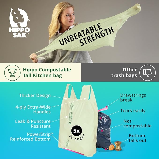 Hippo Sak - 13 Gallon Tall Kitchen Compostable Bags with Ergonomic Handles - Reinforced Bottom and Leak Proof Bags (45 Count)