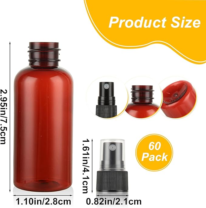 60PCS 1 oz Plastic Amber Spray Bottle, Empty Small Amber Spray Bottle with Sticker and Funnel, Refillable Mini Mister Spray Bottle for Essential Oils, Bath & Cleaning