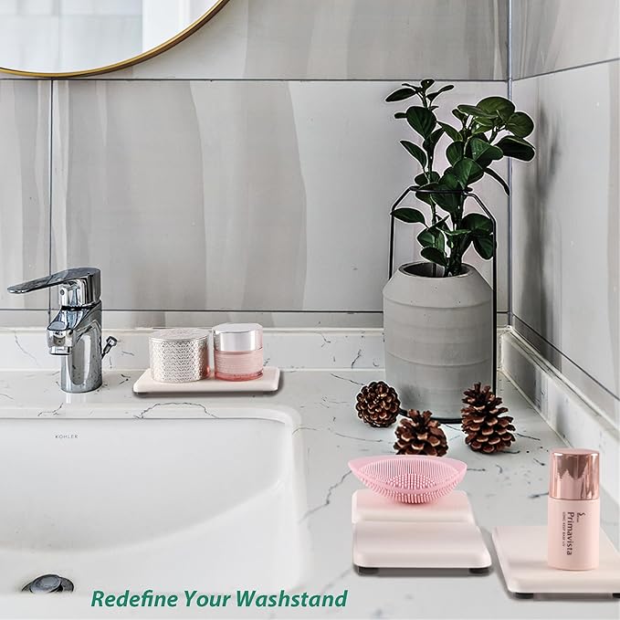 2 Pcs Water Absorbing Stone Trays, Kitchen/Bathroom Sink Soap Dish, Diatomite Tray Used for Hand Soap & Cosmetic Bottles in The Modern Home, 3.15" W x 6.3" L, White