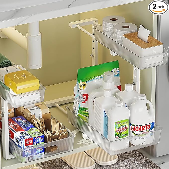 2 Pack Under Sink Organizer, Pull Out Cabinet Organizer 2 Tier Slide Out, Under Sink Organizers and Storage Height Adjustable for Kitchen Bathroom Cabinet, Metal