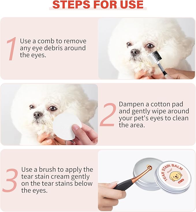 Tear Stain Remover Kit for Dogs & Cats with Tear Stain Comb, Tear Stain Balm, Eye Cotton Pads, Pro Powder Brush Gently Remove Tear Stain, Eye Debris, Discharge, Mucus Secretions