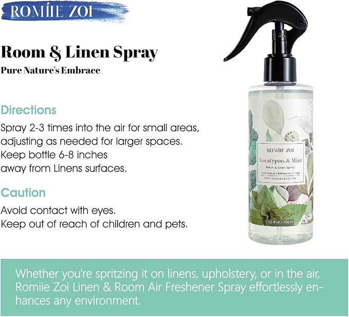 ROMIIE ZOI Linen & Room Air Freshener Spray Room Mist, with Natural Plant Extract, Eucalyptus & Mint Scent, 8.5 FL OZ.