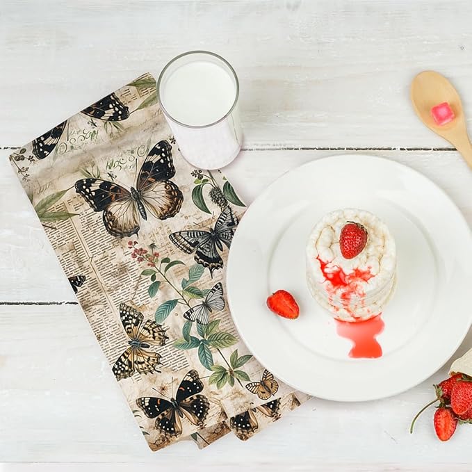2 Pcs Vintage Butterfly Kitchen Towels, Rustic Botanical Decorative Absorbent Microfiber Dish Cloth Tea Towel, Artistic Waffle Soft Hand Towels for Farmhouse Home Bathroom, Butterfly Gifts 2