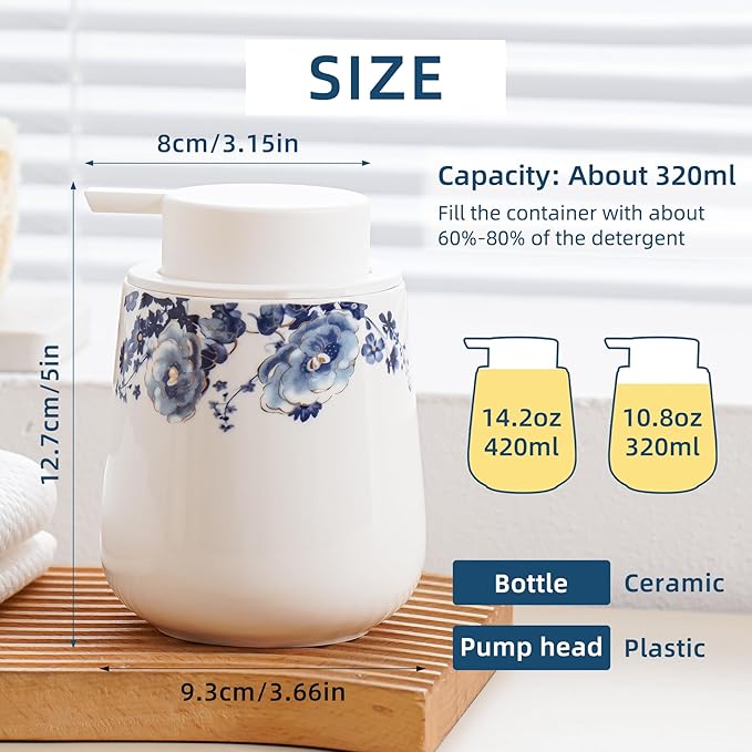 Soap Dispenser, Ceramic Foaming Soap Dispenser with Easy-to-Press Pump for Bathroom 10.8 oz refillable Liquid Hand soap Dispenser for Hand sanitizers, lotions (Blue Flower Foam Dispenser)