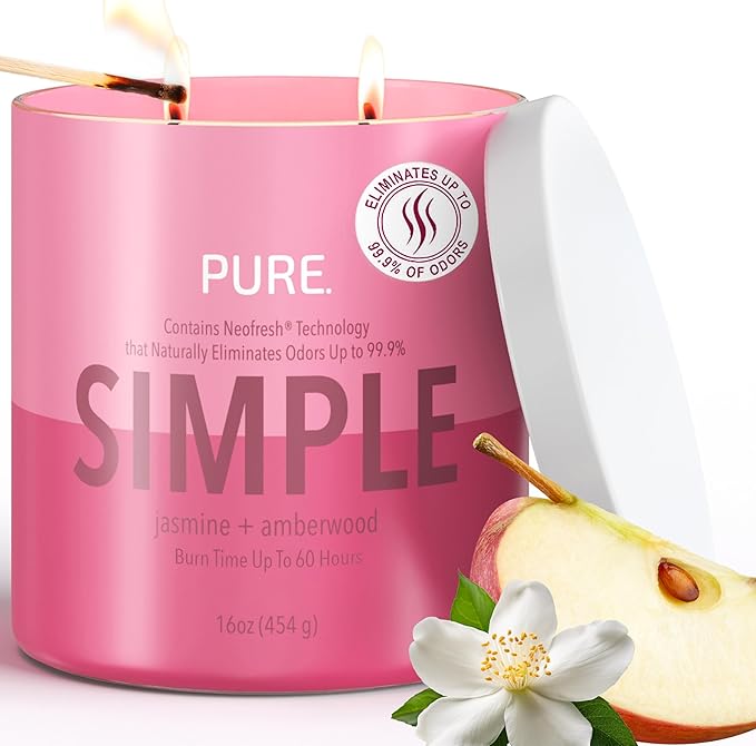 Candle-Lite Pure Jasmine & Amberwood Odor Eliminating Scented Candles, Neofresh Technology Eliminates 99.9% of Odors, 16 oz 2-Wick Jar, Proudly Poured in The USA, Up to 60 Hours Burn Time
