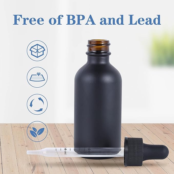 2 oz Dropper Bottle 24 Pack Black Glass Boston Bottles 60ml with Eye Droppers Black Caps for Essential Oils, Perfume, Leak Proof Travel Bottles for Liquids