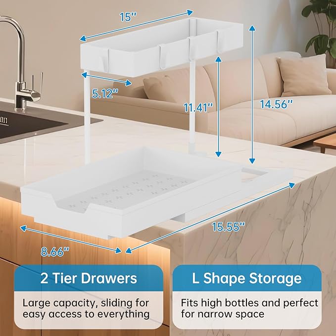 2-Tier Under Sink Organizers and Storage 2 Pack Sliding L-shape Under Cabinet Organizers For Narrow Space Multi-purpose Sink Organizer for Bathroom Kitchen Drawer(White 2 Pack)