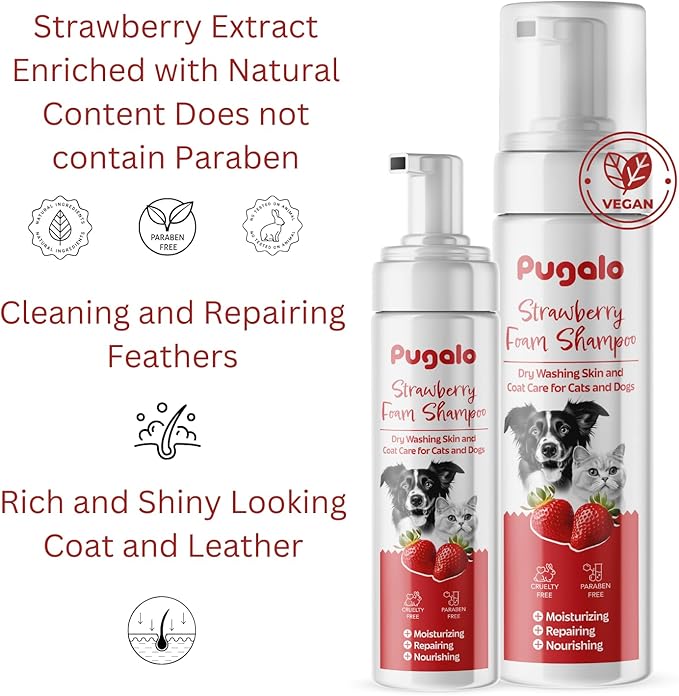 Waterless Cat & Dog Shampoo – 200ml (6.76oz) Strawberry Scented Dry Foam Cleanser & Conditioner – No-Rinse Deshedding Shampoo for Smelly Pets