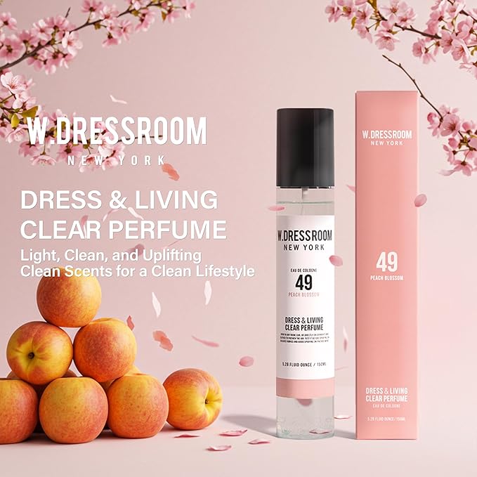 W.Dressroom No.49 Peach Blossom Living Clear Perfume, Body Mist & Fabric Spray Deodorizer, Alcohol-Free Water-Based, Odor Neutralizer for Clothes, Bedding & Room, Travel Size 2.36 oz