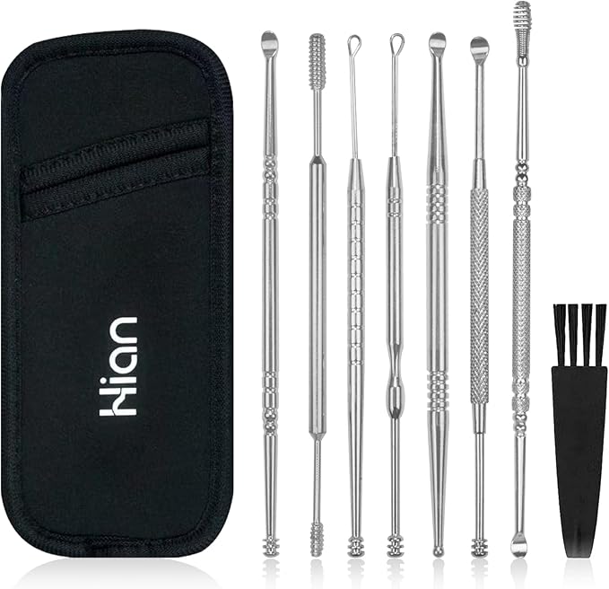 Hion 8 Pcs Ear Wax Removal Kit,Professional Double-Headed Ear Pick Earwax Removal Tools,316L Stainless Steel Ear Cleaner Curette with Cleaning Brush and Storage Box,Suit for Kid Adult(Silver)