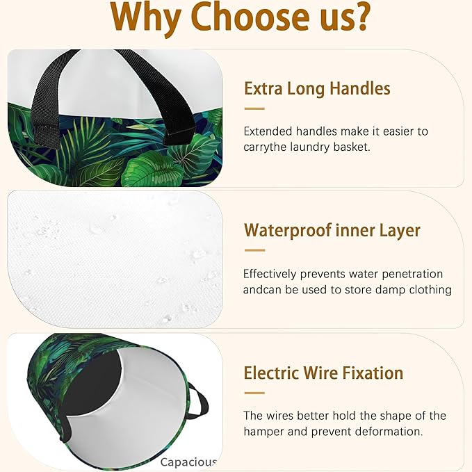 Exotic Tropical Leaves Plants Laundry Basket,Waterproof Foldable Laundry Hamper,Dirty Clothes Laundry Basket, Linen Bin Storage Organizer for Toy Collection 16" x 20"