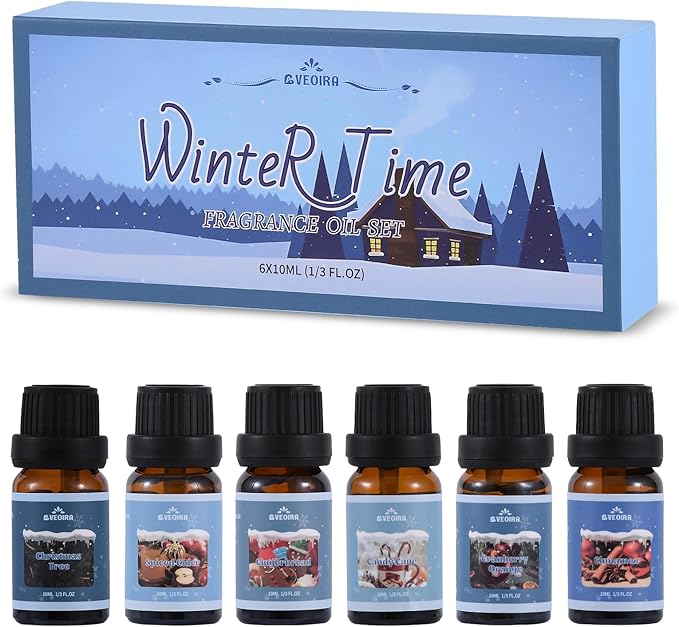 Winter Fragrance Oils, AVEOIRA Essential Oils Gift Set for Diffuser, Candle, Soap Making Scented Oils, Cinnamon, Gingerbread, Christmas Tree, Spiced Cider, Candy Cane, Cranberry Orange