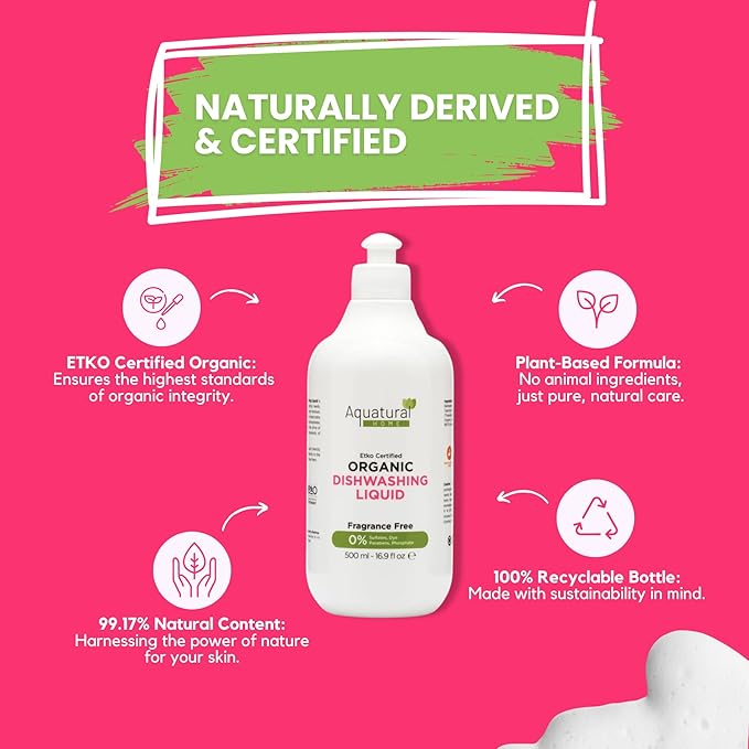 Organic Dishwashing Liquid - Natural Dish Washing Liquids Cleaner - Kitchen Unscented Dish Soap Liquid - Gentle Dishwash for Sensitive Skin - Plant-Based & Fragrance Free (16.9 fl oz)
