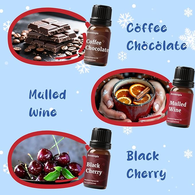 Fragrance Oil Holiday Set, Aromtopia Essential Oils for Candle Soap Making, 6x10ml, Diffuser Oils Scents, Winter Fragrance Oils, Christmas Tree, Coffee Chocolate, Black Cherry, More