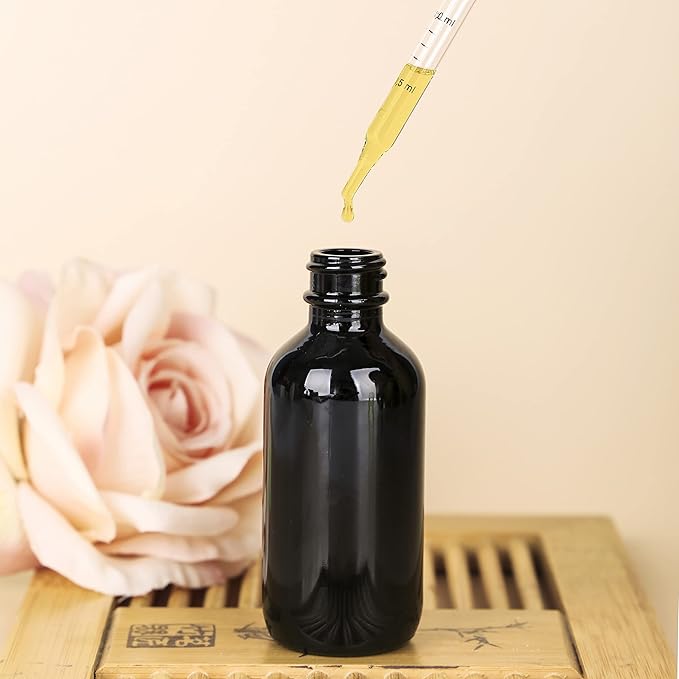 2 oz UV Resistant Dropper Bottle 24 Pack Black Glass Boston Bottles 60ml with Eye Droppers Black Caps for Essential Oils, Perfume, Leak Proof Travel Bottles for Liquids