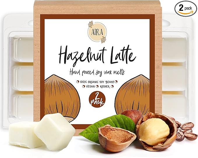 Aira Soy Wax Melt - Organic, Vegan, Kosher, Scented Soy Wax Cubes w/Essential Oil Blends - No Chemical 100% Soy Wax Melts for Electric/Tealight Melters - Hand-Poured Soy Tarts- Hazelnut Latte -2 Pack