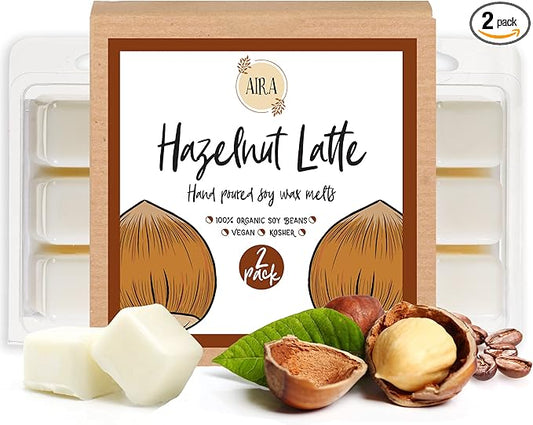 Aira Soy Wax Melt - Organic, Vegan, Kosher, Scented Soy Wax Cubes w/Essential Oil Blends - No Chemical 100% Soy Wax Melts for Electric/Tealight Melters - Hand-Poured Soy Tarts- Hazelnut Latte -2 Pack