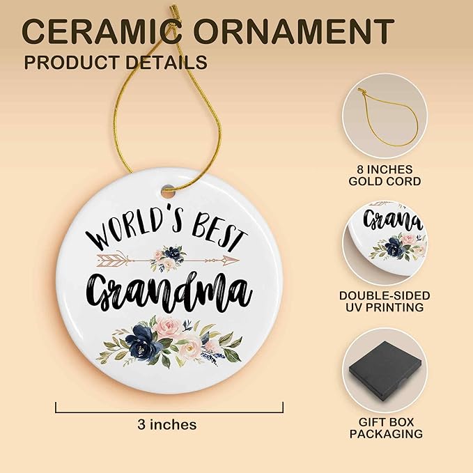 World's Best Grandma Ceramic Ornaments Gifts, Grandma Grandmother Round Hanging Ornament Decor Decorations for Christmas Tree Car, Thank You Appreciation Gifts for Grandma Birthday Holiday