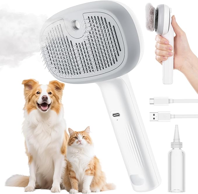 Pecute Steam Cat Brush, Self-Cleaning Cat Steam Brush with 2 Water Spray Modes, Large Capacity Tank, Dog Brush for Shedding Massaging Grooming, Cool Mist Only