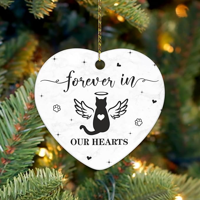 Hyturtle Cat Memorial Heart Ornament - Ceramic Pet Loss Keepsake with Angel Wings - Forever in Our Hearts Remembrance Christmas Ornament for Cat Lovers - 3 Inch Ceramic Hanging Gift Memorial 7