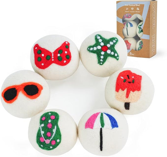 Wool Dryer Balls XL Size 6 Pack - Fun Dryer Balls with Beach Pattern Cute Dryer Balls Laundry Reusable Anti Static Handmade New Zealand Wool Balls (Beach Pattern)
