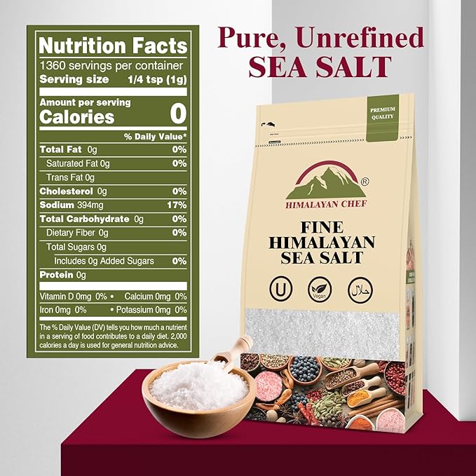 Himalayan Chef Sea Salt, All-Natural Fine Grain, 48-ounce sea Salt Bag, Non-Iodized, No Additives, Unrefined Mineral Salt for Daily Cooking & Seasoning