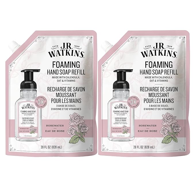 J.R. Watkins Foaming Hand Soap Refill, Moisturizing Foam Hand Wash, Formulated with Plant-Based Cleansers, Alcohol-Free, Cruelty-Free, Rosewater, 28 fl oz, 2 Pack