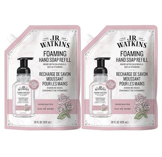 J.R. Watkins Foaming Hand Soap Refill, Moisturizing Foam Hand Wash, Formulated with Plant-Based Cleansers, Alcohol-Free, Cruelty-Free, Rosewater, 28 fl oz, 2 Pack