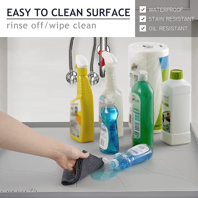 Heavy Duty Silicone Under Sink Mats for Kitchen Waterproof 34" x 19", Extra Thick Under Sink Rubber Mat Drip Tray, Raised Edge Under Sink Liner,Prevent Drips, Leaks, Spills,Grey
